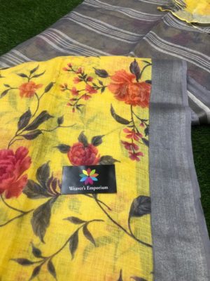 Pure linen digital print sarees with blouse (5)
