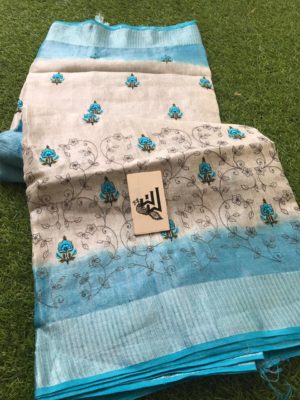 Pure linen tissue sarees with embroidary with blouse (10)