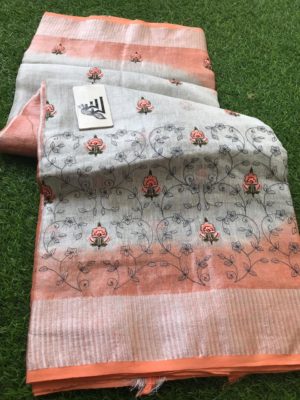 Pure linen tissue sarees with embroidary with blouse (11)