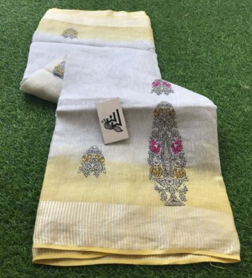 Pure linen tissue sarees with embroidary with blouse (3)