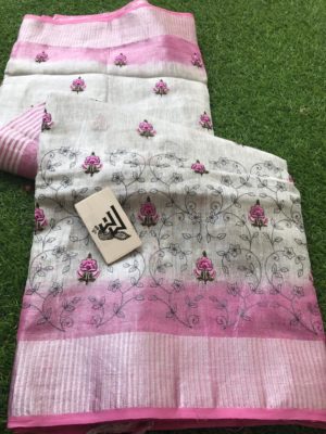 Pure linen tissue sarees with embroidary with blouse (6)