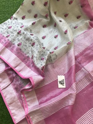 Pure linen tissue sarees with embroidary with blouse (9)