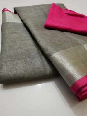 Pure plain linen by linen sarees with contrast blouse (1)