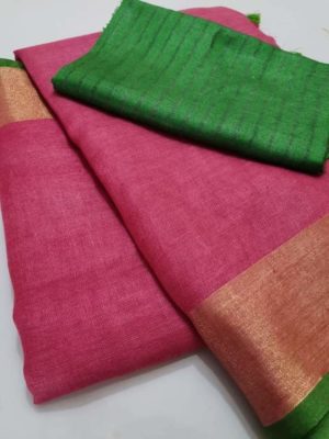 Pure plain linen by linen sarees with contrast blouse (17)