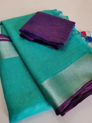 Pure plain linen by linen sarees with contrast blouse (21)