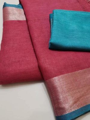 Pure plain linen by linen sarees with contrast blouse (4)