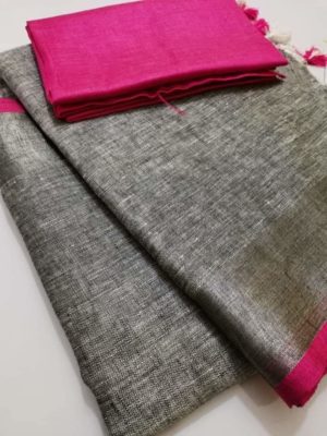 Pure plain linen by linen sarees with contrast blouse (9)