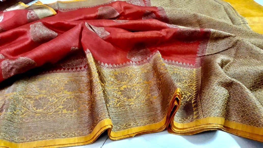 Silk linen banarasi sarees with contrast blouse (1)
