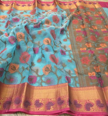 banaras kora silk with kanchi border with blouse (8)