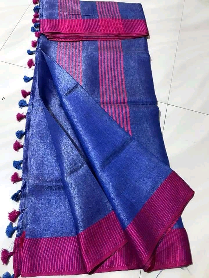 Tissue linen sarees with contrast border with blouse | siri designers