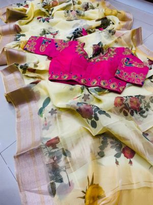 organza sarees with zari woven pallu with blouse (1)