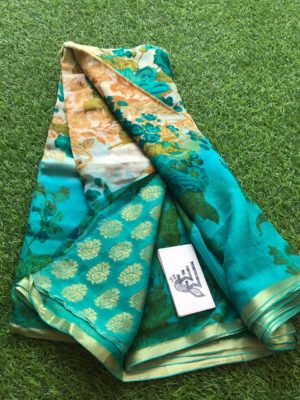 pure chiffon sarees with printed design with brocade blouse (1)
