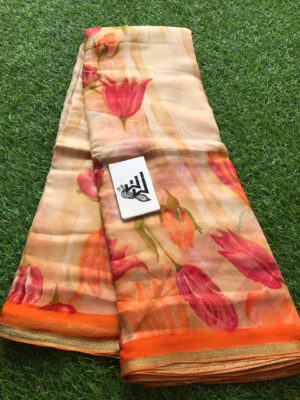 pure chiffon sarees with printed design with brocade blouse (27)
