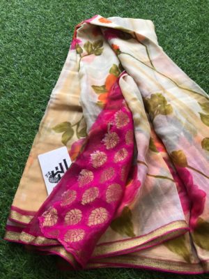 pure chiffon sarees with printed design with brocade blouse (7)