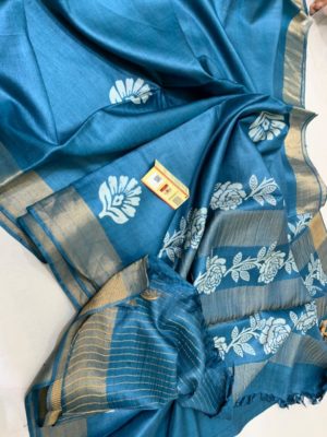 Desi tussar block printed silk sarees with blouse (26)