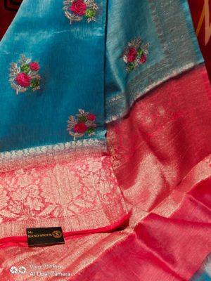 Linen silk sarees with floral embroidary with blouse (11)