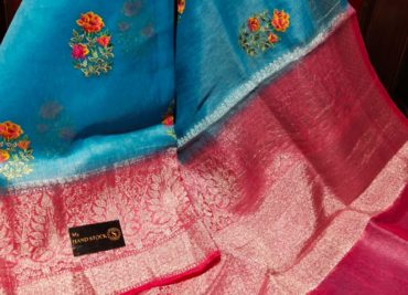 Linen silk sarees with floral embroidary with blouse (4)