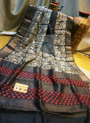 Pure zari tussar block print sarees with blouse (1)