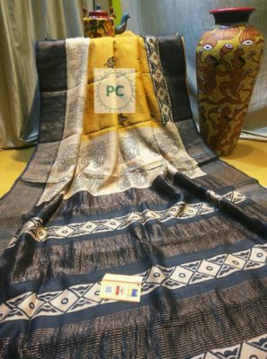 Pure zari tussar block print sarees with blouse (3)