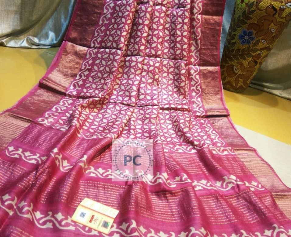 Pure zari tussar block print sarees with blouse (5)