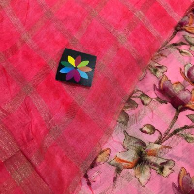 Silver checks floral linen sarees wth blouse (5)