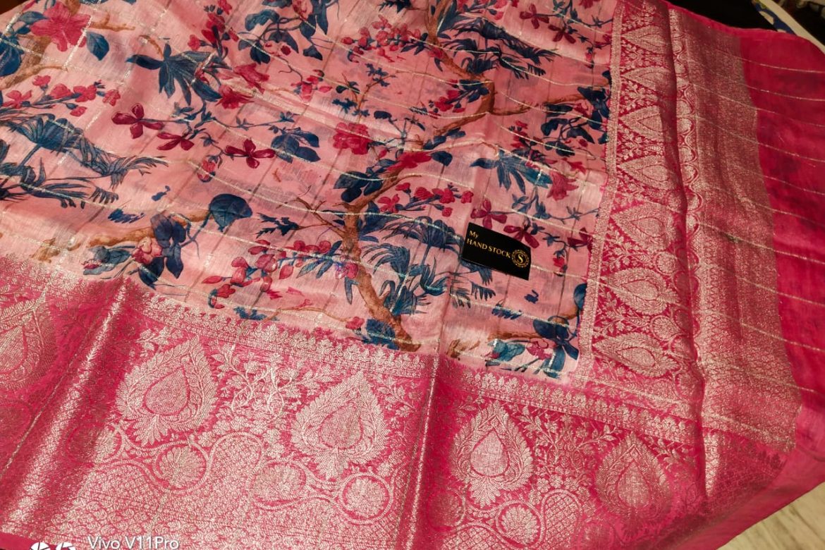 Linen silk sarees with floral print with blouse (13)