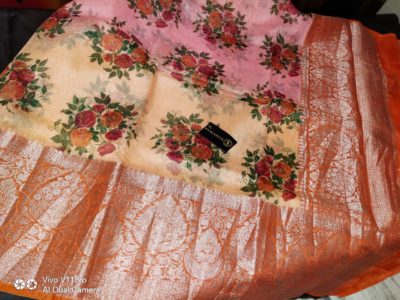 Linen silk sarees with floral print with blouse (4)