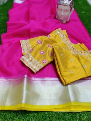 Organza sarees with silver border with blouse (1)