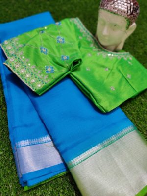 Organza sarees with silver border with blouse (4)