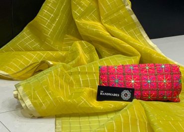 Weaving organza checks sarees with blouse (10)