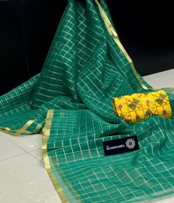 Weaving organza checks sarees with blouse (11)