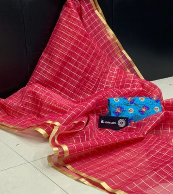 Weaving organza checks sarees with blouse (4)