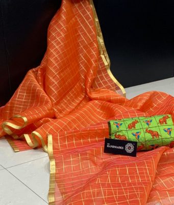 Weaving organza checks sarees with blouse (7)