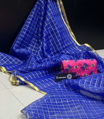 Weaving organza checks sarees with blouse (9)