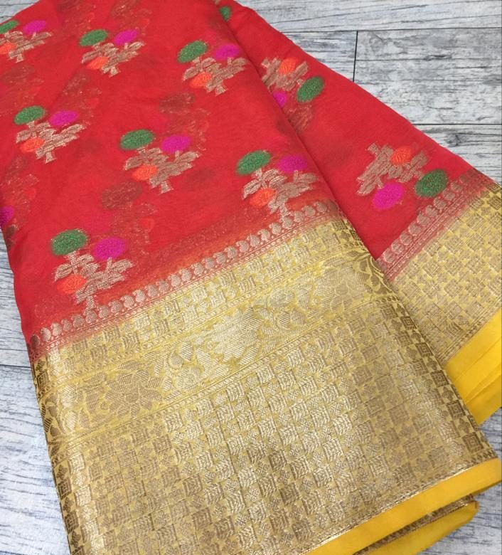 Pure chiffon banarasi big border sarees with blouse (1)