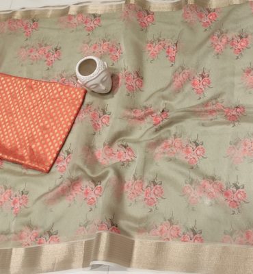 Pure organza floral kanchi border sarees with blouse (7)