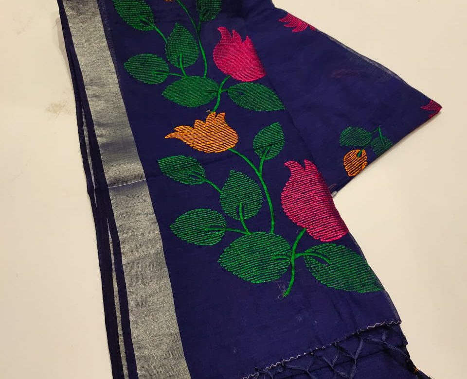 Beautiful linen sarees with kantha work. (3)