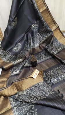 Desi tussar block printed sarees with blouse (19)