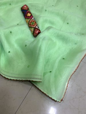 Linen organza aari mirror work sarees (1)