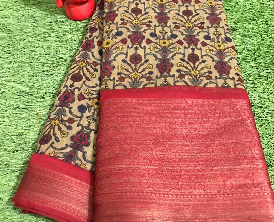 Linen silk digital printed sarees with big border (7)