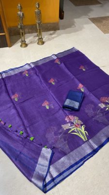 Latest pure linen embroidary sarees (9)