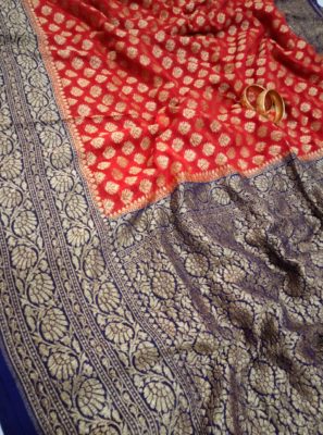 Latest pure khadi georgette sarees with contrast blouse. (10)