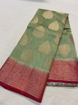 Latest pure linen pattu sarees with blouse (1)