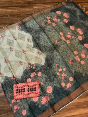 Latest pure original floral linen sarees (9)