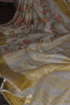 Pure linen sarees with embroidary with blouse (1)