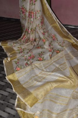 Pure linen sarees with embroidary with blouse (10)