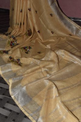 Pure linen sarees with embroidary with blouse (13)