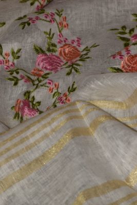 Pure linen sarees with embroidary with blouse (17)