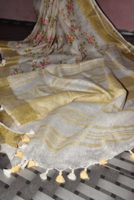 Pure linen sarees with embroidary with blouse (3)