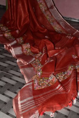 Pure linen sarees with embroidary with blouse (4)